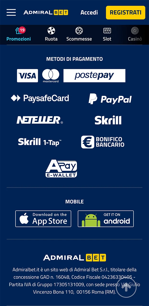 Utilizza il metodo di pagamento Visa per ricaricare il tuo conto nell'app AdmiralBet.